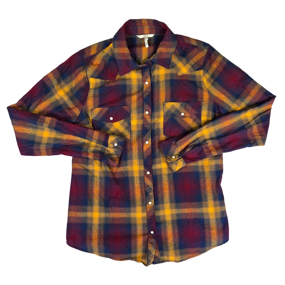 BKE Womens Fitted Western Pearl Snap Plaid Shirt Burgundy Yellow Navy Medium